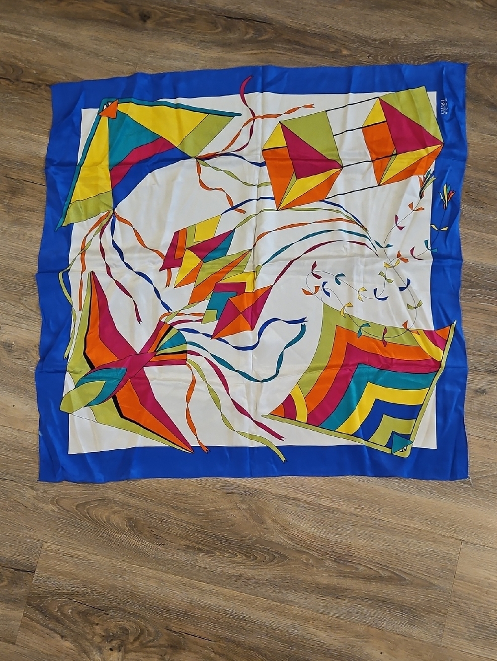 Echo Club 7 Colorful Kite Print Silk Scarf - Bright Blue Border